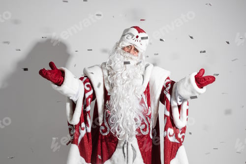 Preview: Cheerful Father Frost outstretching arms under confetti.