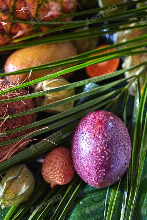 Preview: Close-up passion fruit in water droplets on a tropical baskground with palm leaves