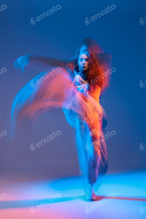 Preview: Dynamic jazz-funk dance with motion blur, neon light, and strong energy in studio.