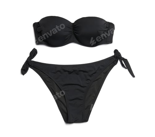 Preview: Stylish bikini on white background, top view. Beach accessories
