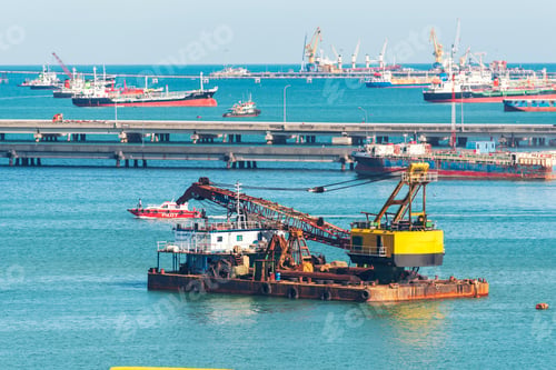 Preview: Industry landscape on sunset Engineering shipping crane depot at logistic export terminal