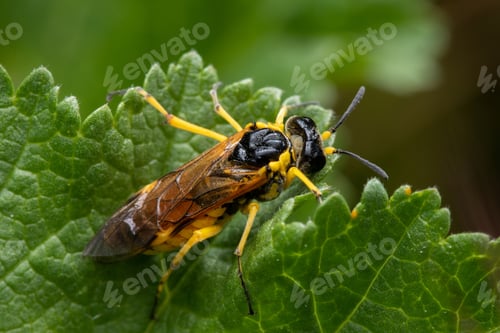 Preview: Closeup of a yellowjacket wasp on green leaves in a garden