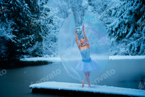 Preview: Ballerina on snowy dock with icy wings and wintery forest backdrop WA, USA