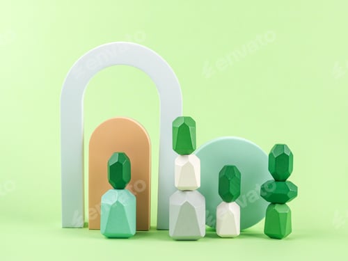 Preview: Geometric shape wooden elements podium on green background. Design concept