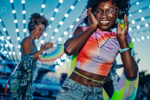 Preview: Young woman enjoying music at summer festival, wearing headphones and dancing with friends