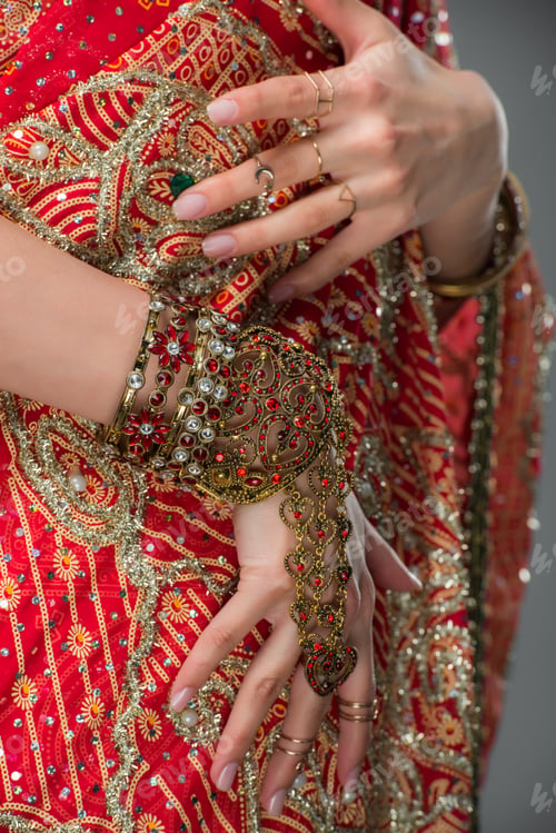 Preview: cropped view of indian woman posing in traditional clothing and accessories, isolated on grey