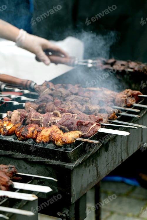 Preview: Meat Skewers Grilling On Barbecue
