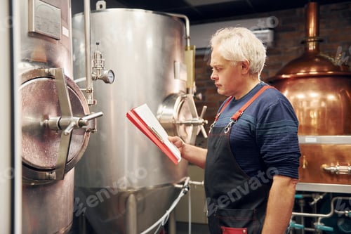 Preview: Senior man is standing in the storage with equipment for beer