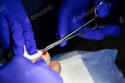 Preview: Medical doctor cut and extract infected toenail using forcep scissor.
