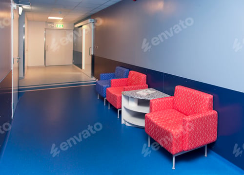 Preview: Corridor and waiting areas of a modern hospital with seating
