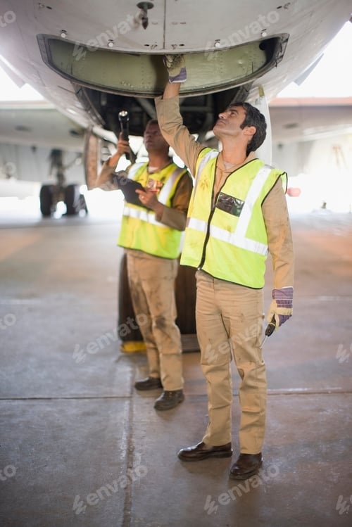 Preview: Aircraft workers checking airplane