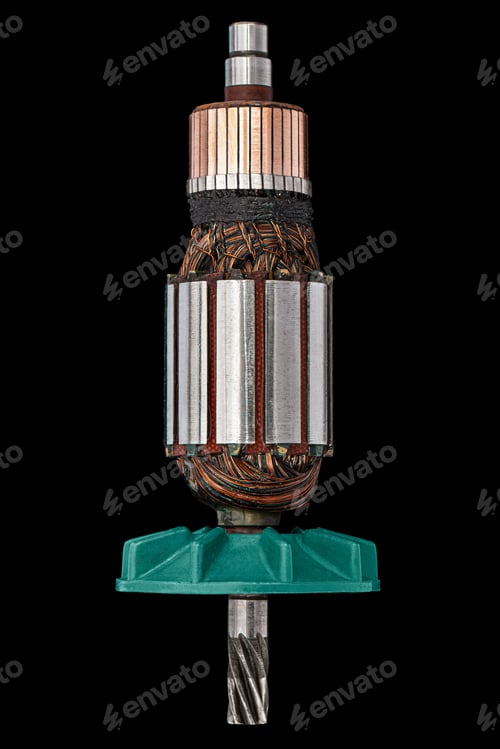 Preview: Rotor or of anchor electric motor closeup, isolated on black background