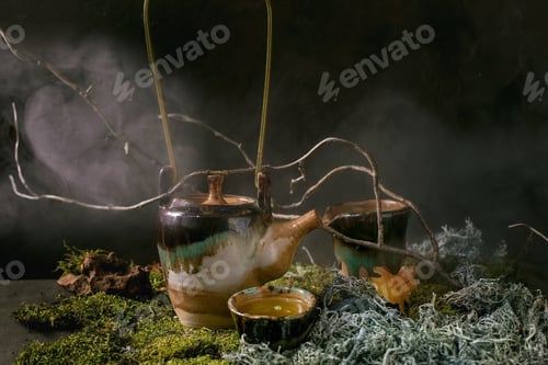 Preview: Craft handmade ceramic teapot on moss as background