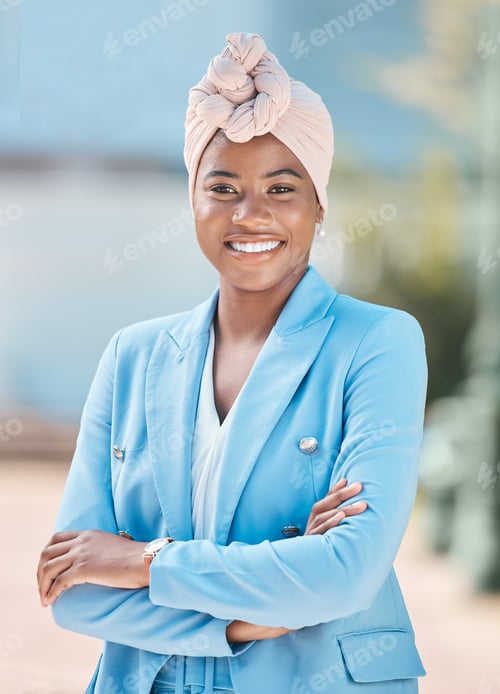 Preview: Corporate pride, portrait and a black woman with arms crossed for city business or work. Smile, pro