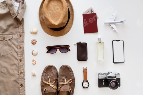Preview: Male summer flat lay traveler accessories set isolated on white. Top view knolling
