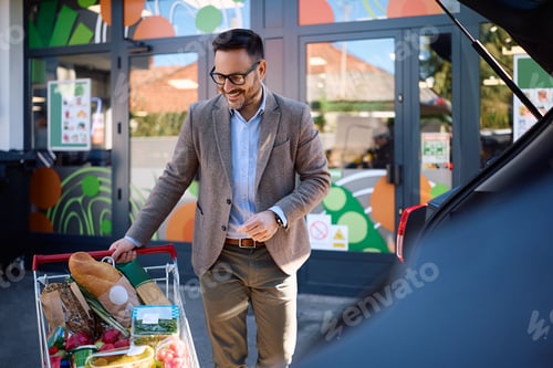 Preview: Happy man with shopping cart full of groceries on a parking lot of a supermarket.