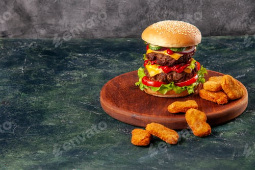 Preview: Tasty sandwich and chicken nuggets on brown wooden cutting board on the left side on ice background