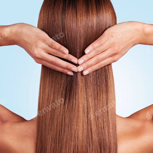 Preview: Hair care, back and beauty of woman in studio isolated on a blue background. Hairstyle, keratin cos