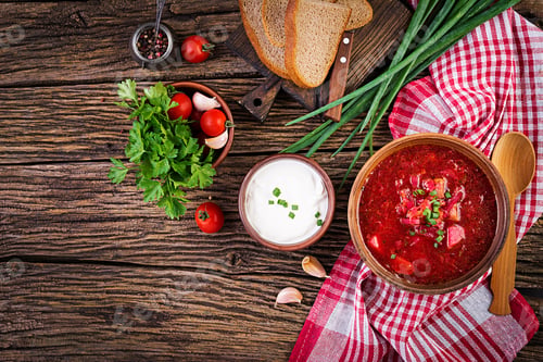 Preview: Traditional Ukrainian Russian borscht or red soup in the bowl. Top view