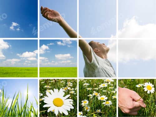 Preview: Collage Of Summer Photos Young Man Are Taking Energy From Nature