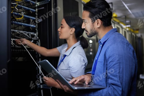 Preview: Man, woman or server room maintenance on laptop IT, software programming ideas or cybersecurity eng