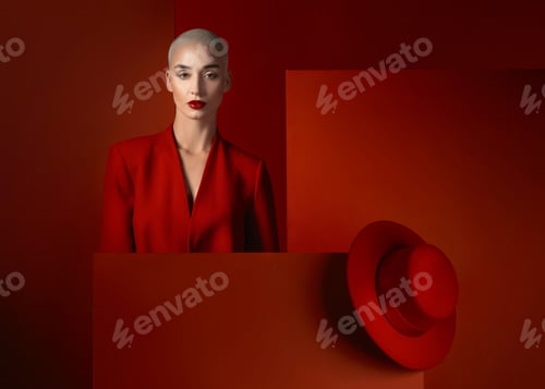 Preview: Fashion, portrait and a bald woman on a red background for cosmetics, sexy or vintage aesthetic. Se