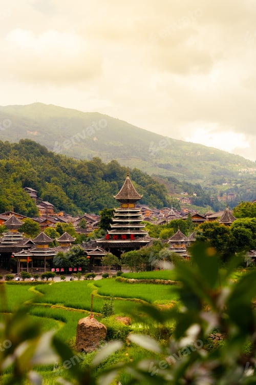 Preview: Beautiful shot of the old traditional houses in Langde Miao Ethnic Minority Village, Guizhou, China
