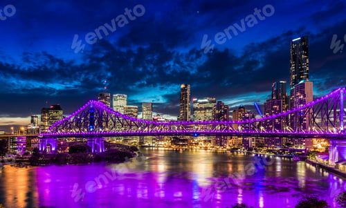 Preview: Night time panorama of Brisbane city with purple lights on Story
