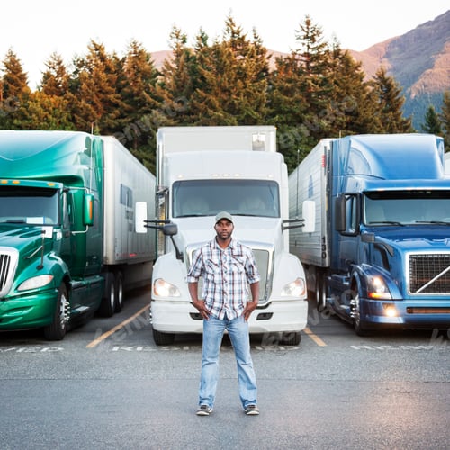 Preview: Black man truck driver near his truck parked in a parking lot at a truck stop