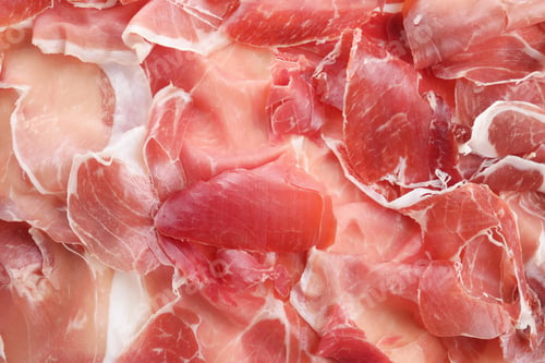 Preview: Tasty prosciutto slices as background, top view