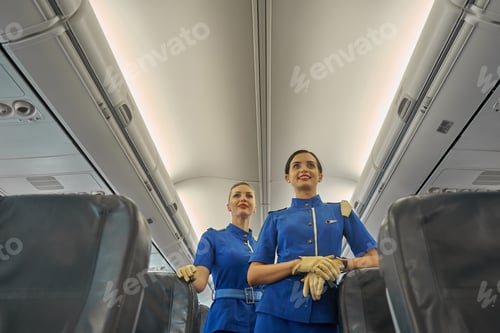 Preview: Friendly mirthful flight attendants at work in the plane