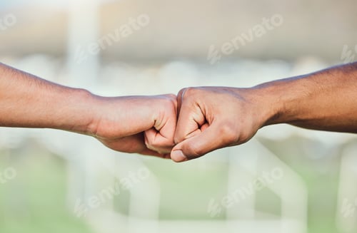 Preview: Soccer, fist bump and hands for teamwork, support and sports for training at stadium outdoor. Colla