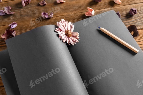 Preview: Blank notebook with flower on vintage wooden table
