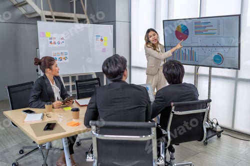 Preview: Employee meeting big screen tv presentation conference discussion brainstorming and working together