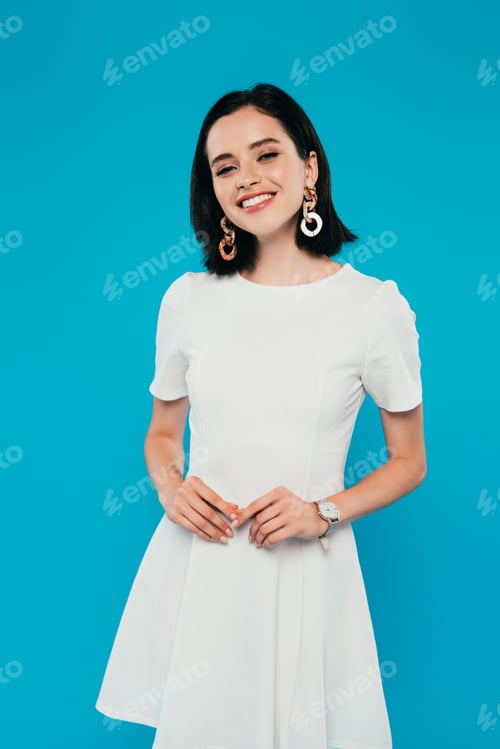 Preview: smiling elegant woman in dress isolated on blue