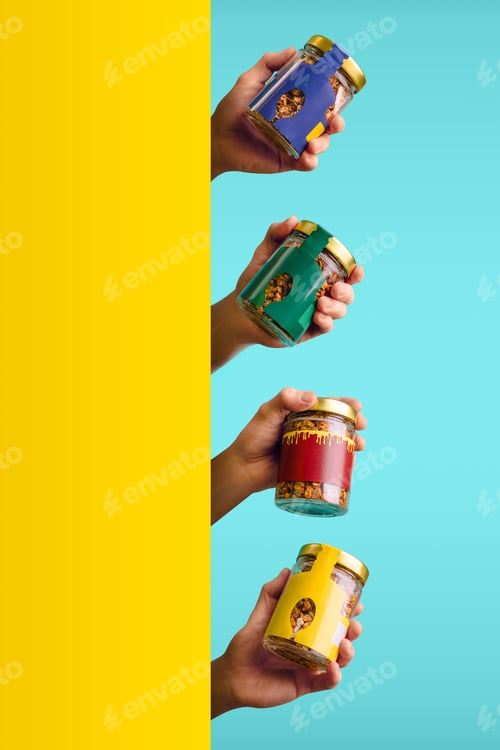Preview: Colorful jars of snacks being held against a bright background