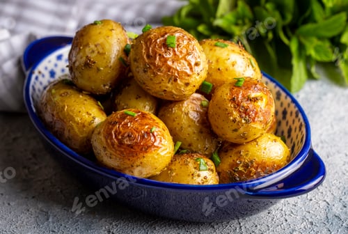 Preview: Roasted baked baby potatoes with garlic and herbs.