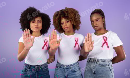 Preview: Three Black Ladies Gesturing Stop Wearing Pink Ribbons, Purple Background