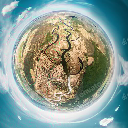 Preview: Aerial View Green Forest Woods And River Landscape In Sunny Spring Day. Top View Of Beautiful