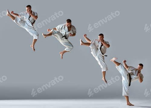 Preview: Man In White Kimono And Black Belt Training Karate Over Gray Background Collage