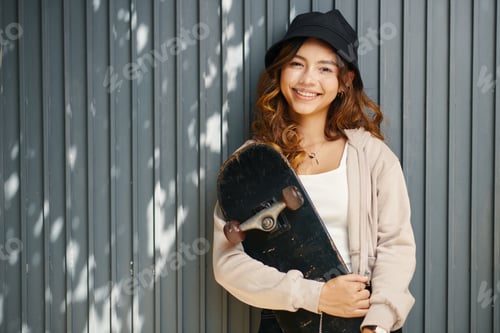 Preview: Teenage Girl Standing with Skateboard in Hands