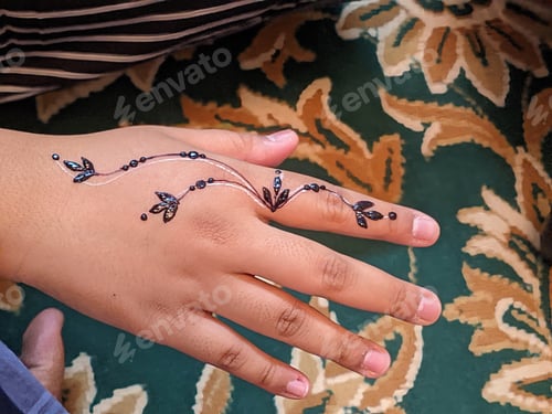 Preview: A hand with intricate henna designs, swirling patterns in reddish-brown, captivating work of art