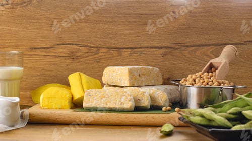 Preview: Soy Product: Raw Tofu, Tempeh, Soy Milk, Soy Sauce, and Soy Bean. Concept of Healthy Vegetarian Food