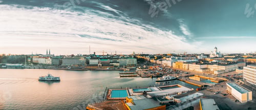 Preview: Helsinki, Finland. Panoramic Aerial View Of Market Square, Street With Presidential Palace And