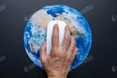 Preview: A hand operating a computer mouse on a round mousepad featuring a detailed map of the Earth.
