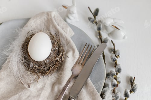 Preview: Stylish Easter table setting. Natural easter egg in nest, willow branches, feathers on modern plate