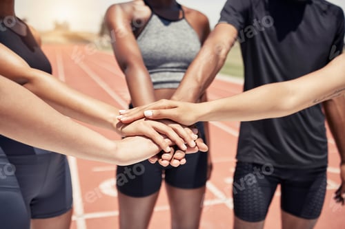 Preview: Hands together diversity and runner motivation, support goal strategy and teamwork on stadium track