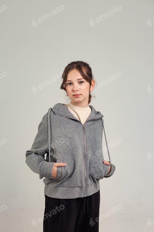 Preview: Teen Girl in Casual Attire Poses Confidently Against a Simple Background Showcasing Her Unique Style