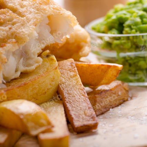 Preview: Traditional British street food fish and chips with mushy peas o
