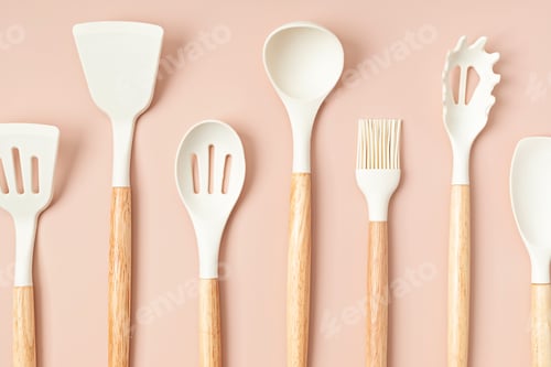 Preview: Pastel color kitchen utensils top view.